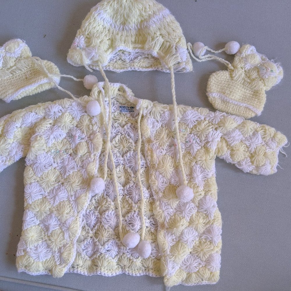 Novelty Knit Vintage Infant Sweater, Booties, and Hat Yellow & White 0-6 mos